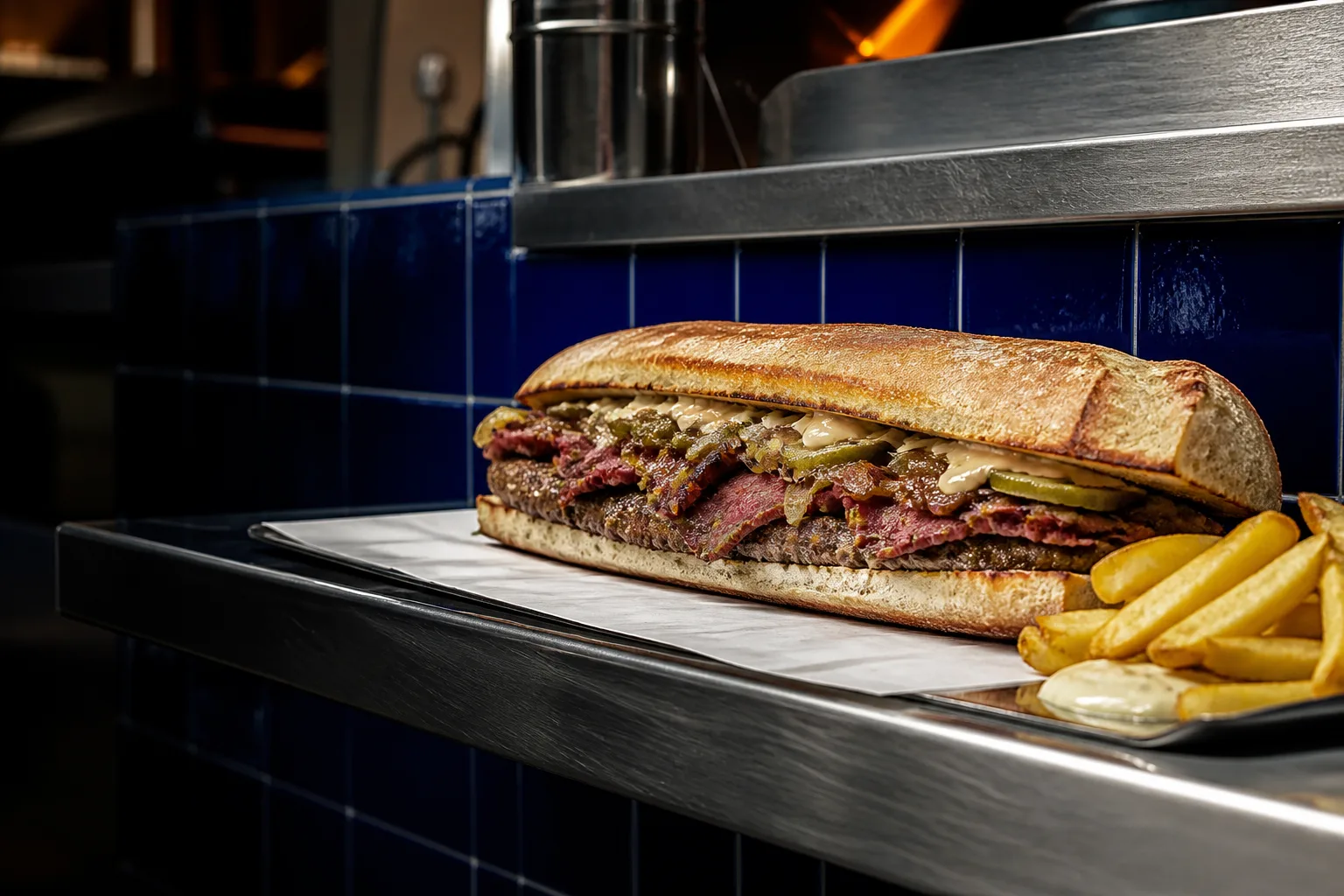 Geröstetes Beef-Pastrami-Sandwich mit Pickles und Pommes an einer blauen Theke