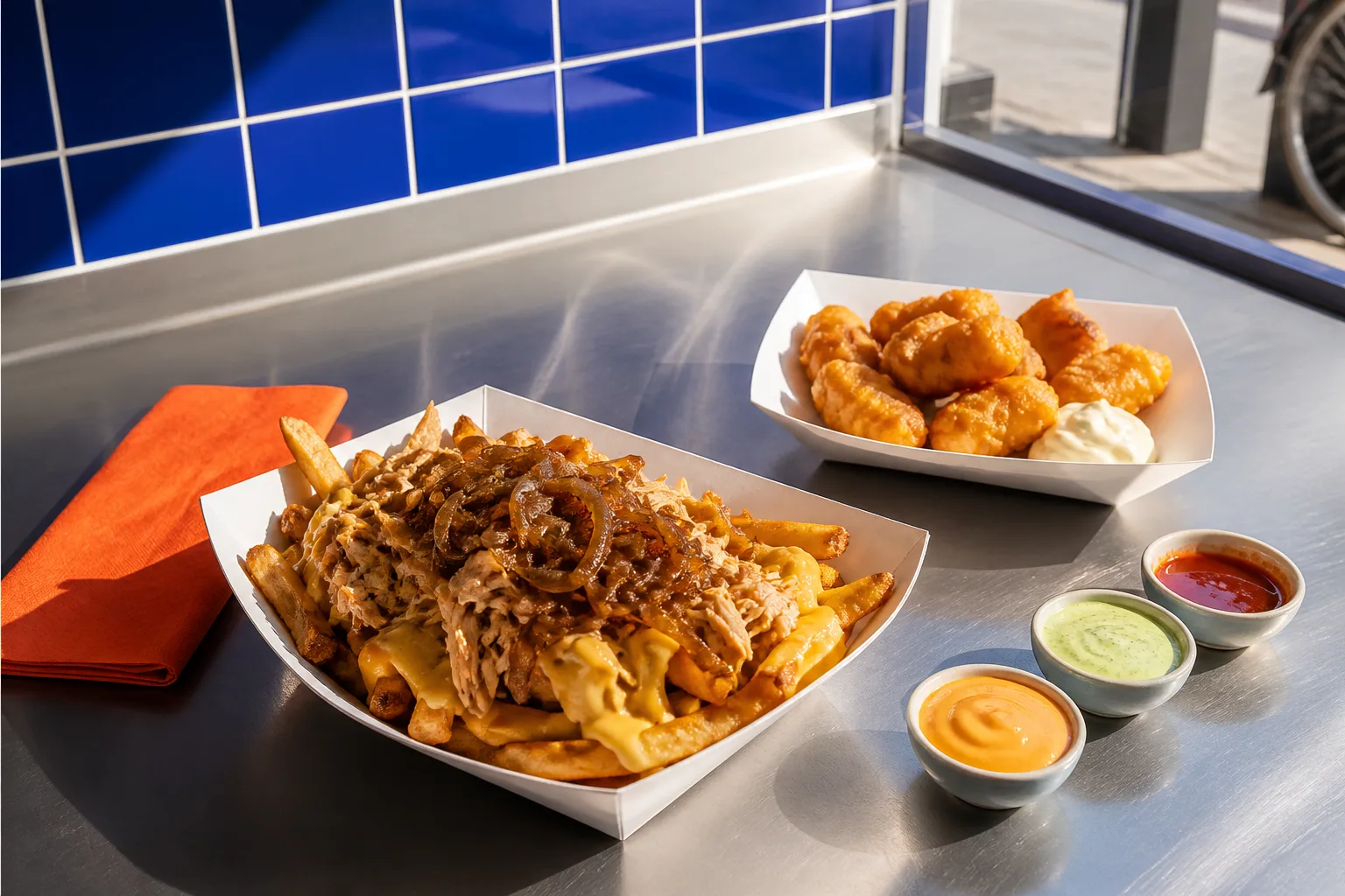 Geladene Poutine, knuspriger Kibbeling und drei Haussoßen auf der Theke